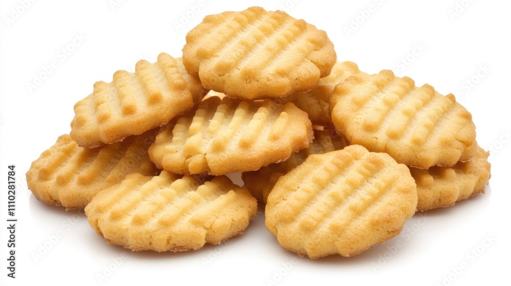 Delicious golden cookies arranged in a tempting pile against a clean white backdrop for food and dessert themes Delicious golden cookies arranged in a tempting pile against a clean white backdrop for food and dessert themes