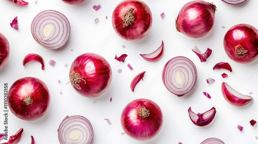 Fresh whole and cut red onions on a white background overhead view with ...