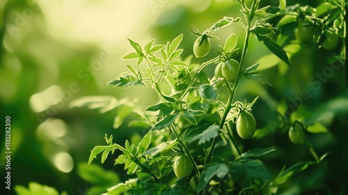 Green Tomato Plant Surrounded by Lush Foliage in Natural Light Capturing the Essence of Fresh Vegetables in a Garden Setting photo