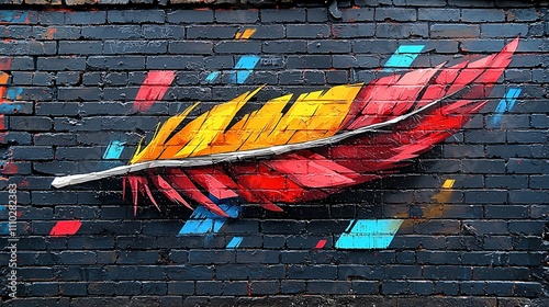 Colorful pop art graffiti featuring a golden feather on a brick wall in an urban setting