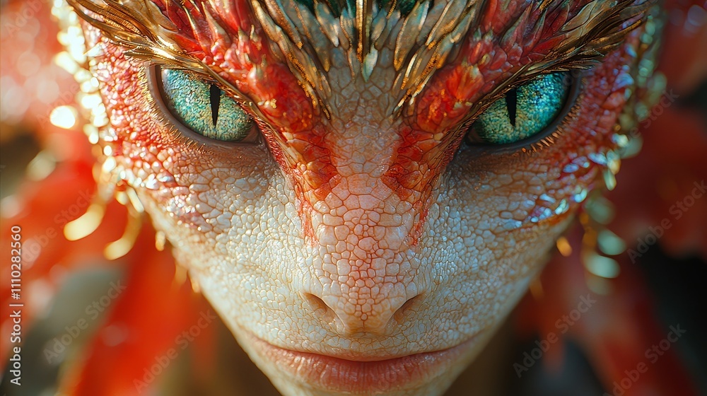 Close-up of a mythical creature with vibrant features and intense gaze Close-up of a mythical creature with vibrant features and intense gaze