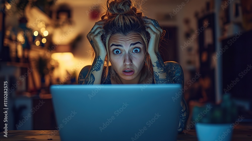 A shocked woman stares at her laptop, expressing surprise or concern. A shocked woman stares at her laptop, expressing surprise or concern.