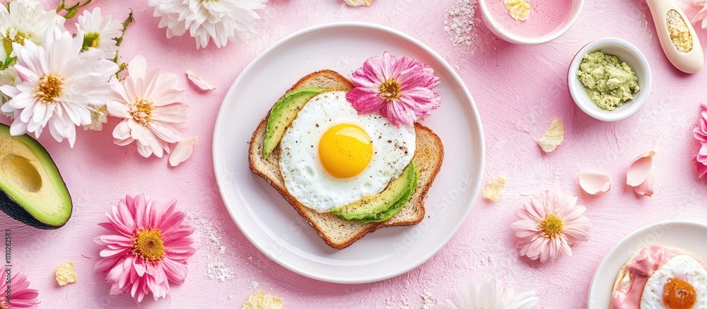 Romantic breakfast with avocado toast fried egg and flowers beautifully arranged on a pink background for a delightful morning ambiance Romantic breakfast with avocado toast fried egg and flowers beautifully arranged on a pink background for a delightful morning ambiance