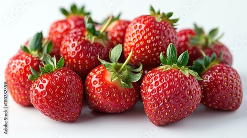 Fresh ripe strawberries arranged neatly on a clean white background showcasing their vibrant color and texture for culinary and health concepts.