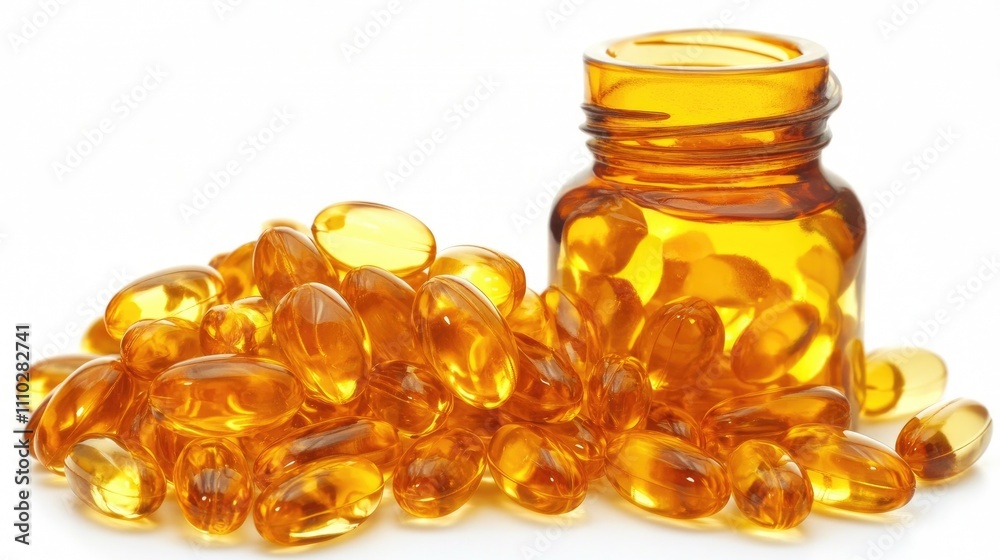Omega 3 fatty acid capsules with a glass bottle on a white background promoting health benefits and inflammation reduction Omega 3 fatty acid capsules with a glass bottle on a white background promoting health benefits and inflammation reduction