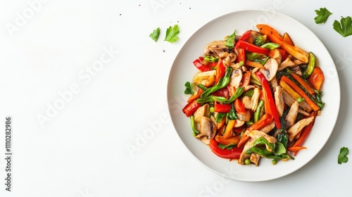 Stir Fried Mixed Vegetables on a Plate Healthy Vegan Dish Fresh Ingredients Vibrant Colors White Background