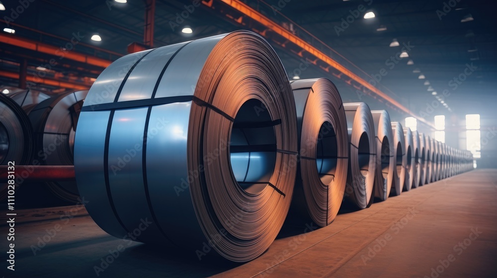 Steel coils neatly arranged in a storage warehouse showcasing handling equipment and efficient logistics operations in an industrial setting. Steel coils neatly arranged in a storage warehouse showcasing handling equipment and efficient logistics operations in an industrial setting.