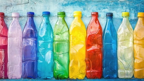 Colorful water bottles arranged in a row against a textured blue background, emphasizing plastic manufacturing and recycling concepts, environmental awareness, sustainability, beverage packaging. photo