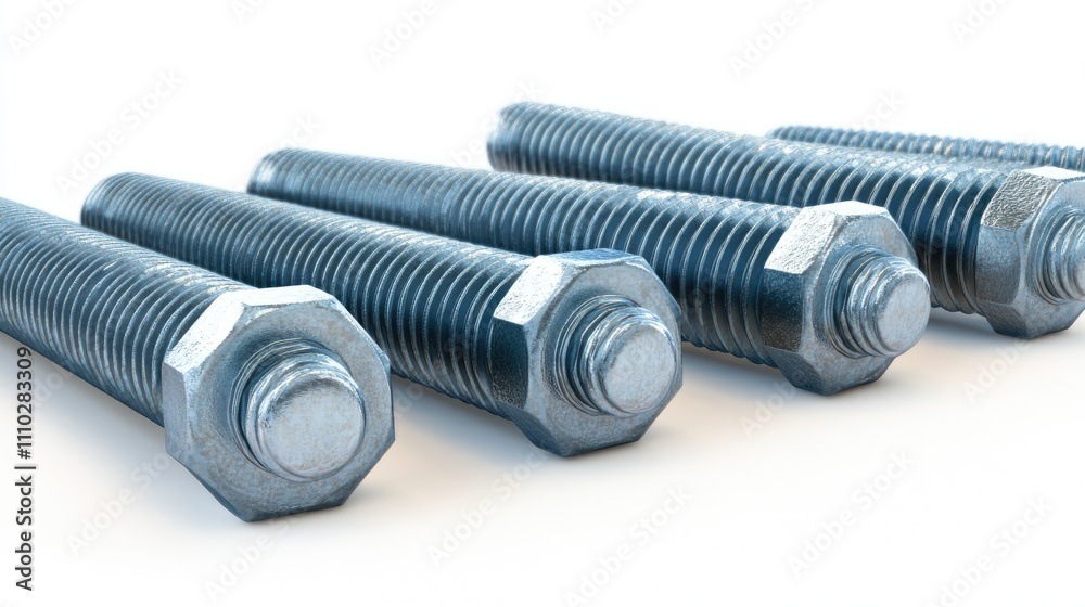 Stainless steel bolts arranged in a row on a white background showcasing industrial hardware and fasteners for construction and engineering use. Stainless steel bolts arranged in a row on a white background showcasing industrial hardware and fasteners for construction and engineering use.