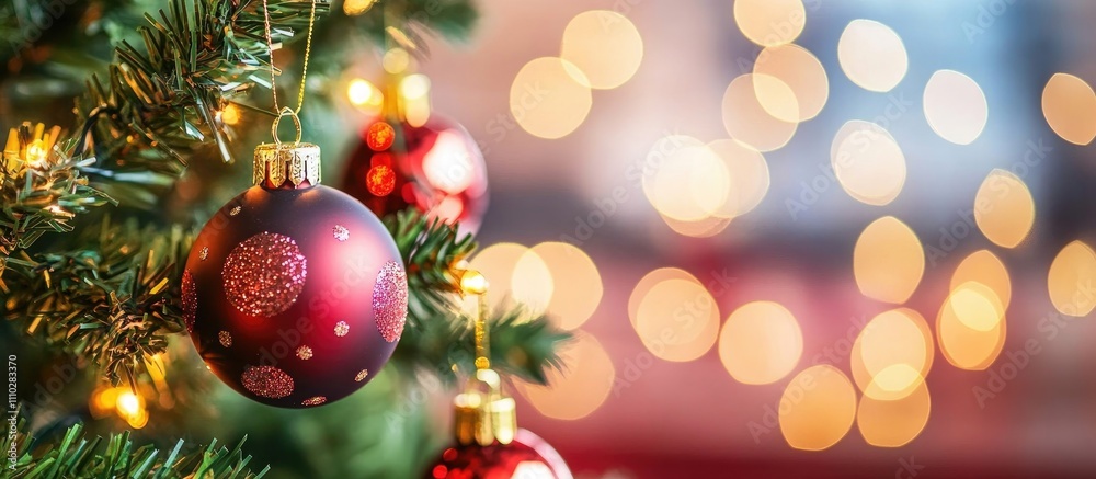 Close-up of elegant Christmas ornaments and warm bokeh lights creating a festive and atmospheric winter holiday scene on a tree