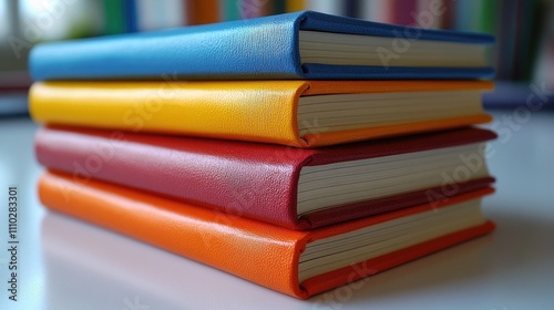 Colorful stack of notebooks against a white background conveying education organization and creativity in stationery items.