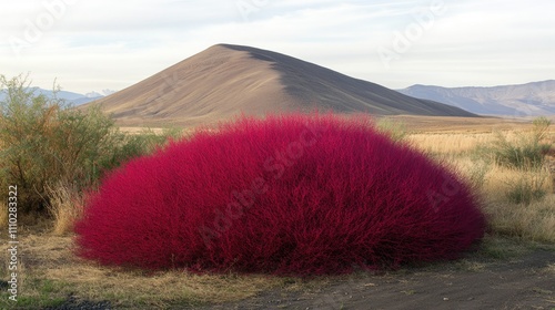 Kochia scoparia displaying vibrant red foliage against a desert landscape in autumn outdoors photo