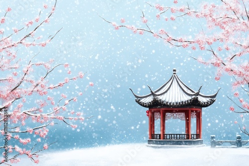 Wallpaper Mural A snowy winter scene with a traditional Chinese pavilion and plum blossoms Torontodigital.ca