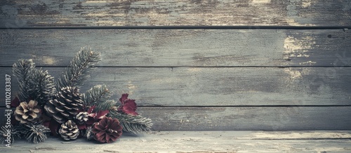 Vintage wooden backdrop with fir tree branches cones and holly leaves ideal for seasonal themes and text placement blank template photo