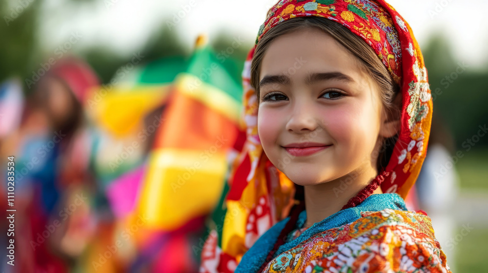 Fototapeta premium Joyful Young Girl in Colorful Traditional Attire at Cultural Festival Smiling with Happiness
