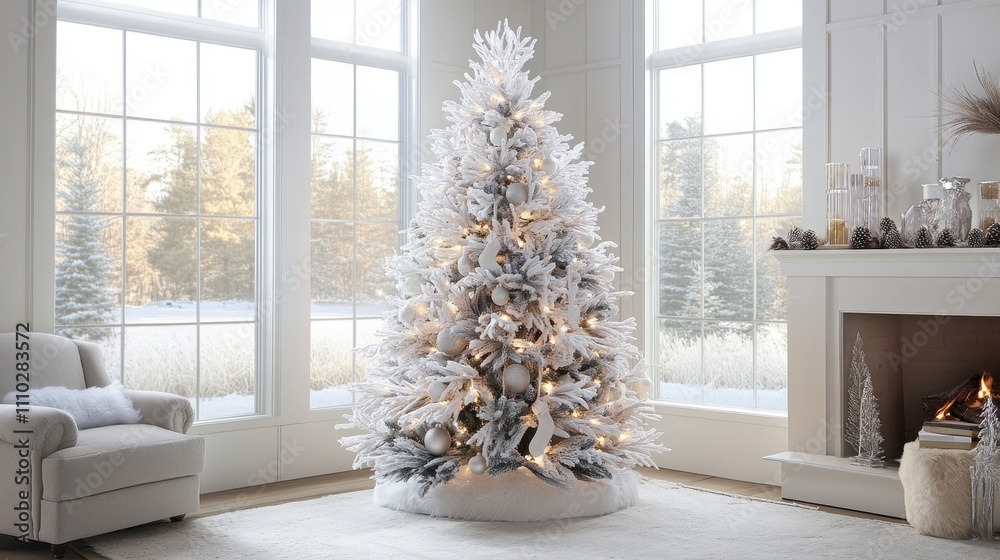 Elegant White Christmas Tree with Cozy Interior Decor Elegant White Christmas Tree with Cozy Interior Decor