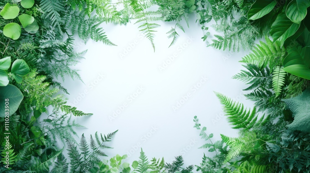 Botanical frame created with lush green leaves on a white backdrop ideal for eco-friendly designs and spring nature themes Botanical frame created with lush green leaves on a white backdrop ideal for eco-friendly designs and spring nature themes