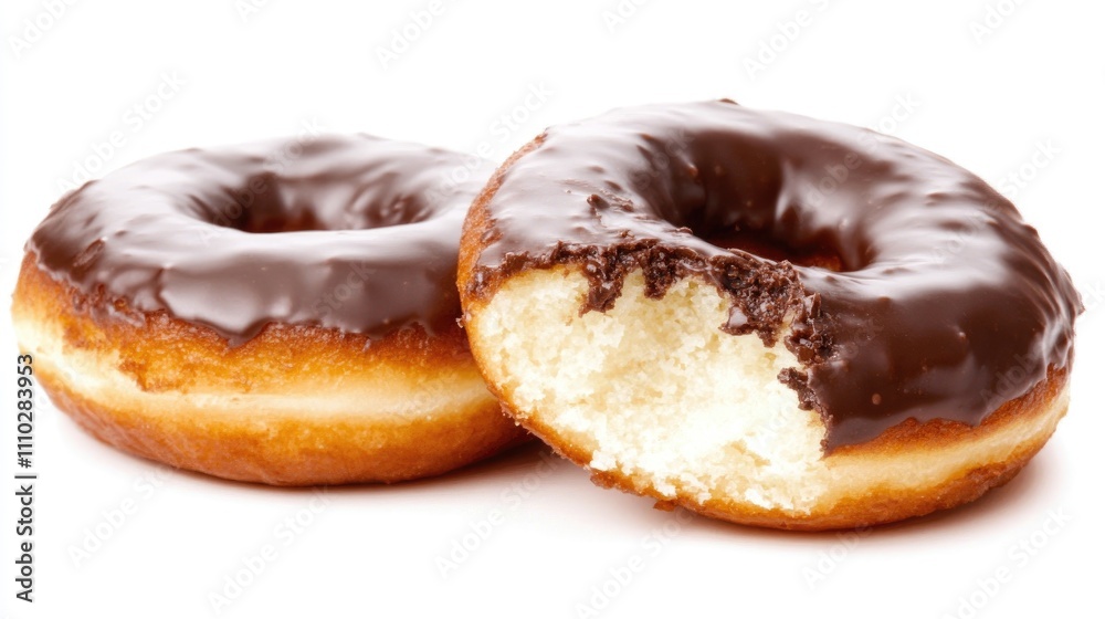 Close up of a half eaten chocolate glazed donut on a white background showcasing its fluffy texture and rich chocolate coating