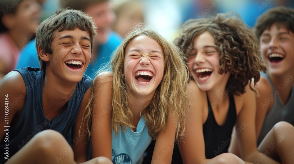 A group of teenagers sitting on the floor, sharing a funny moment and bursting into laughter. A group of teenagers sitting on the floor, sharing a funny moment and bursting into laughter.