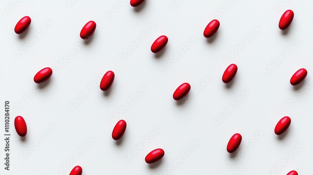 Red capsules arranged on a white surface depicting vitamins supplements and pharmaceuticals for health and wellness concepts Red capsules arranged on a white surface depicting vitamins supplements and pharmaceuticals for health and wellness concepts