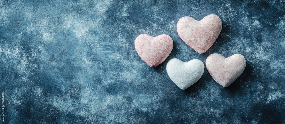 Obraz premium Colorful heart-shaped candies on a textured blue background representing love and affection for Valentine's Day celebrations.