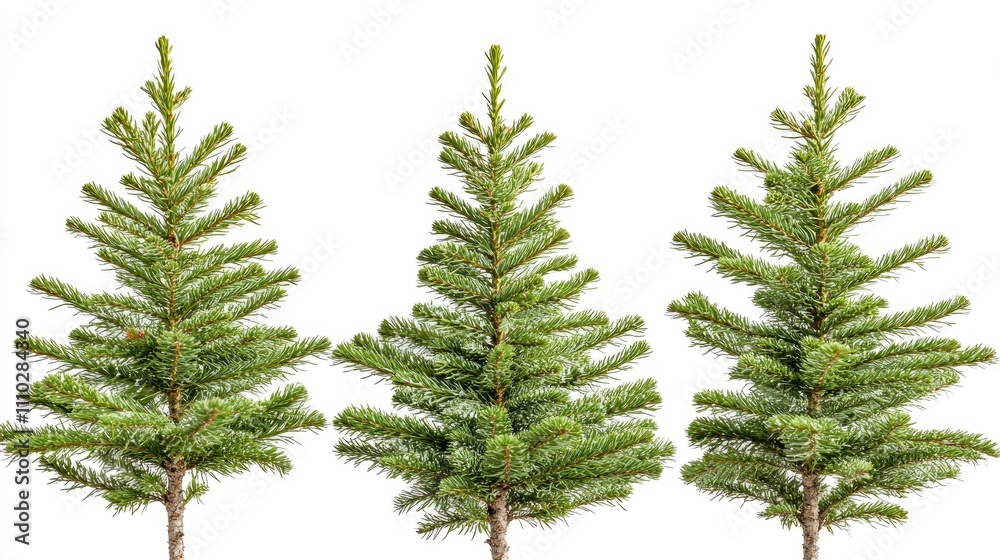 Spruce pine trees arranged in a row with a clean white background showcasing their lush green branches and symmetrical shape Spruce pine trees arranged in a row with a clean white background showcasing their lush green branches and symmetrical shape