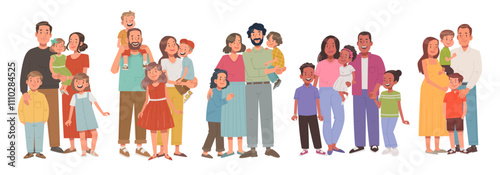Set of different multicultural families. Mom dad son and daughter. Family portraits collection. Parents and children. Vector illustration