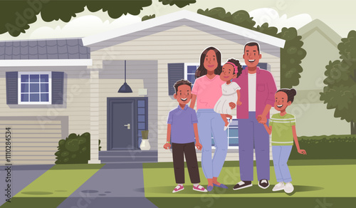 Happy black family standing on lawn with their house in background. Mom dad daughters and son. Family portrait outdoor. Vector illustration