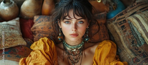 Mystical woman with enchanting jewelry and bohemian aesthetics surrounded by vintage textiles and magical objects in a serene setting photo