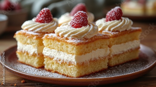 Deliciously layered sponge cake topped with whipped cream and fresh raspberries on a wooden plate for dessert promotion or recipe use