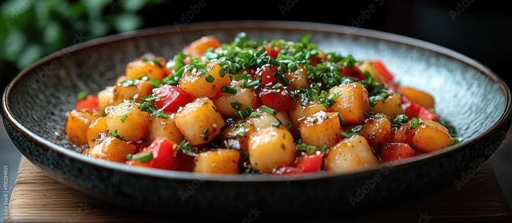 Colorful vegetable dish garnished with herbs served in a textured bowl on a rustic wooden table surrounded by greenery Colorful vegetable dish garnished with herbs served in a textured bowl on a rustic wooden table surrounded by greenery