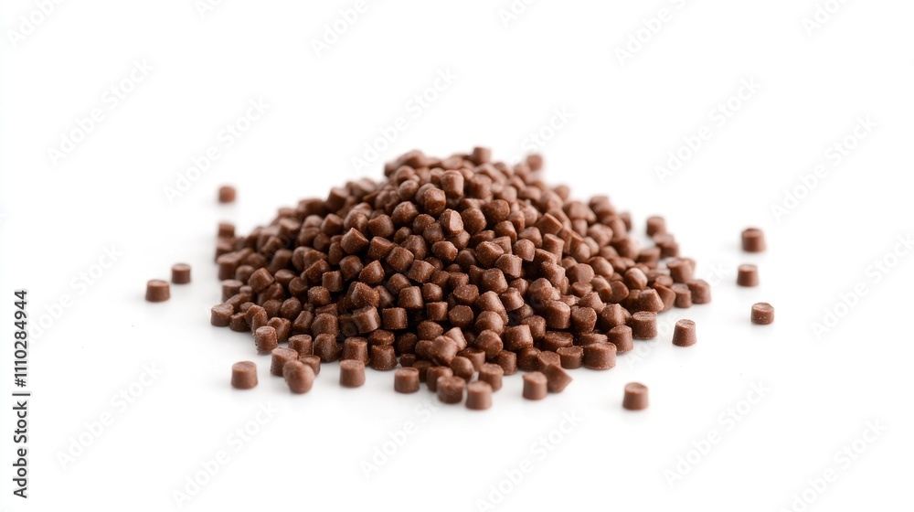 Polymer masterbatch granules scattered on a bright white background showcasing texture and color details for industry use Polymer masterbatch granules scattered on a bright white background showcasing texture and color details for industry use