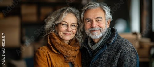 Joyful elderly couple embracing during their home relocation journey with warm smiles and a cozy atmosphere behind them