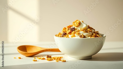 Creamy Yogurt with Toasted Granola and Chocolate Bits in a White Bowl photo