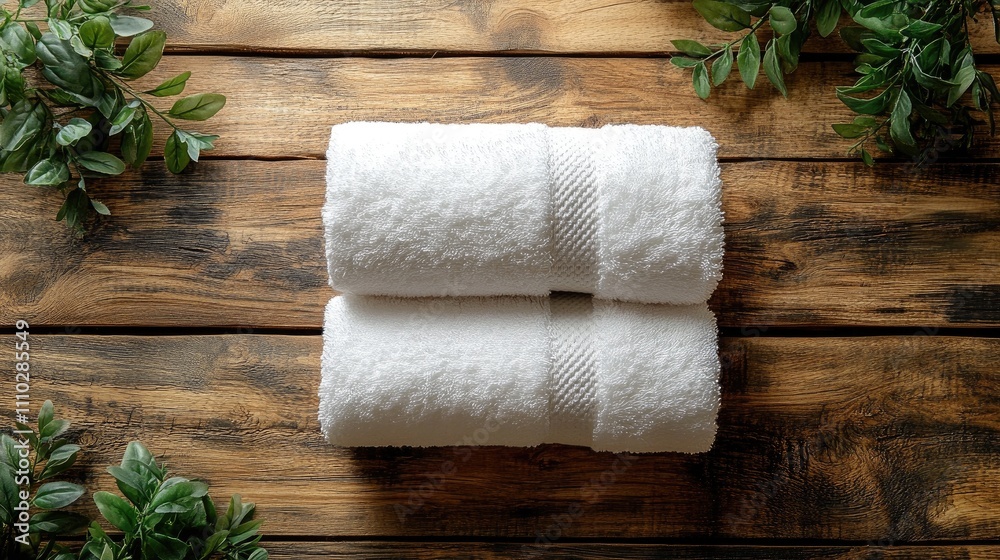 Rolled white towels neatly placed on a rustic wooden surface with greenery accents for a calming spa or bathroom aesthetic