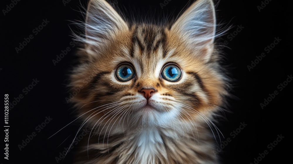Maine Coon kitten portrait with striking blue eyes and fluffy fur against a dark background highlighting its captivating features Maine Coon kitten portrait with striking blue eyes and fluffy fur against a dark background highlighting its captivating features