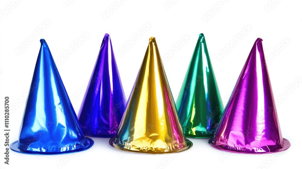 Colorful party hats arranged on a white background celebrating festive occasions and joyful events