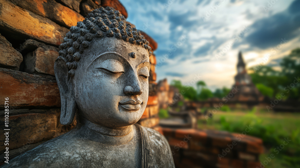 Serene Buddha Statue Surrounded by Ancient Brick Ruins Under a Beautiful Sky