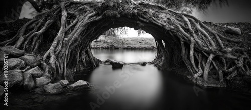 Long exposure image of a unique single decker living root bridge surrounded by lush greenery during the monsoon season photo