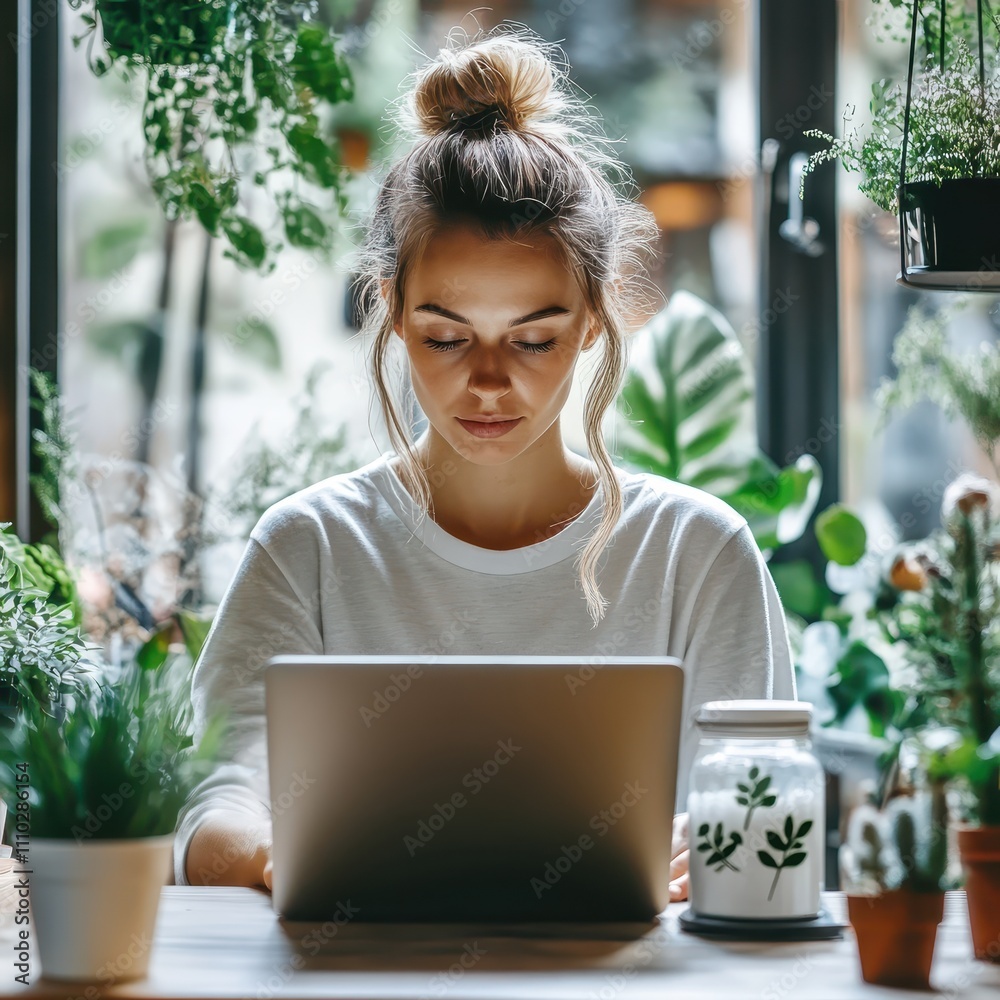 Woman working on a laptop surrounded by indoor plants in natural light. Woman working on a laptop surrounded by indoor plants in natural light.