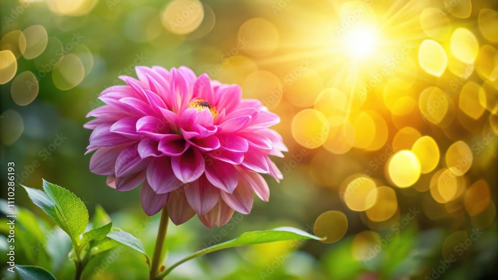 Obraz premium A Single Pink Dahlia Flower Blooms in the Warm Glow of Sunlight with a Blurred Background of Green Leaves and Golden Bokeh
