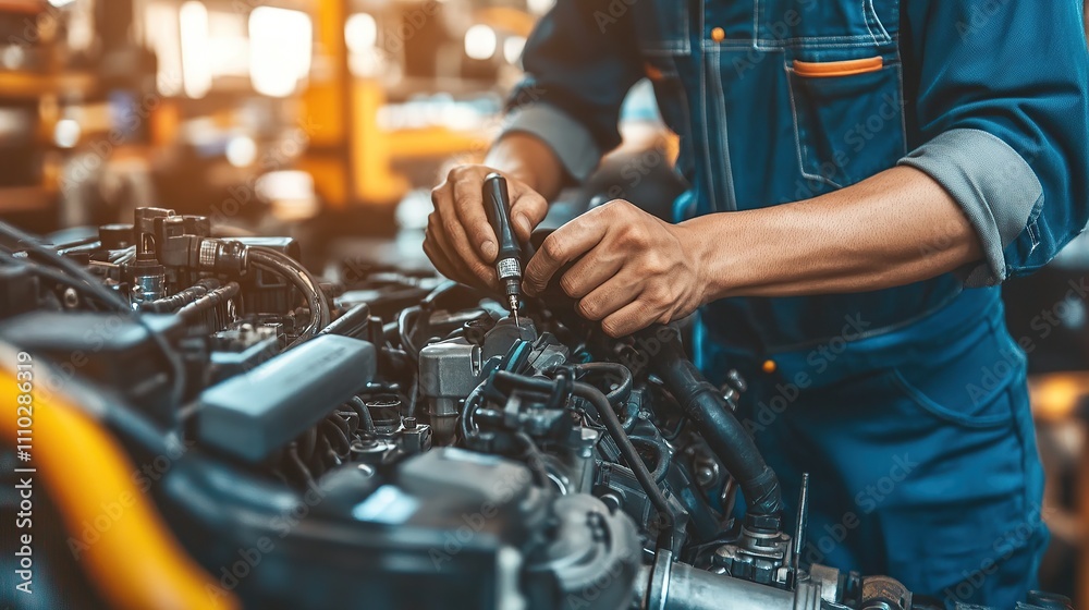 A mechanic working on an engine with tools in a workshop setting. A mechanic working on an engine with tools in a workshop setting.