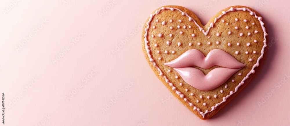 Heart-shaped cookie with pink lips detail on a soft pink background, perfect for Valentine's Day celebrations and festive treats. Heart-shaped cookie with pink lips detail on a soft pink background, perfect for Valentine's Day celebrations and festive treats.
