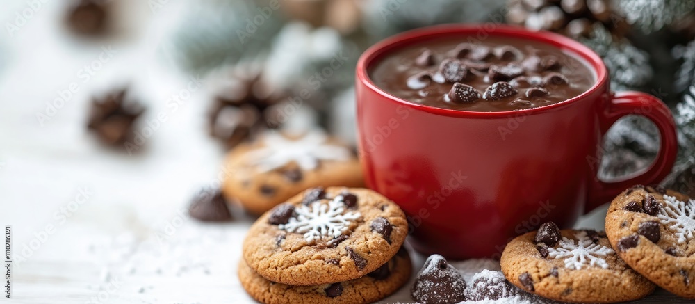Red cup with hot chocolate and chocolate chip cookies on a white background with snowflakes creating a cozy winter atmosphere