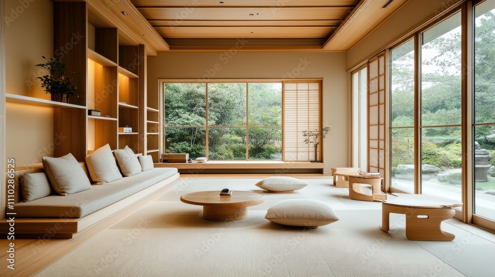 Japandi-inspired space with clean lines, soft curves, and natural light enhancing the minimalist furniture Japandi-inspired space with clean lines, soft curves, and natural light enhancing the minimalist furniture
