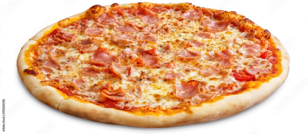 Delicious pizza topped with tomatoes, cheese, and ham on a clean white background perfect for promotional materials and food advertising Delicious pizza topped with tomatoes, cheese, and ham on a clean white background perfect for promotional materials and food advertising