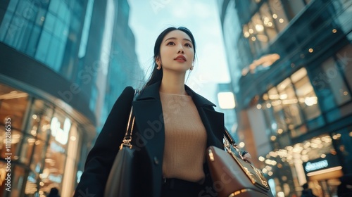 A stylish Asian woman walking through a high-end shopping district, carrying luxury bags.