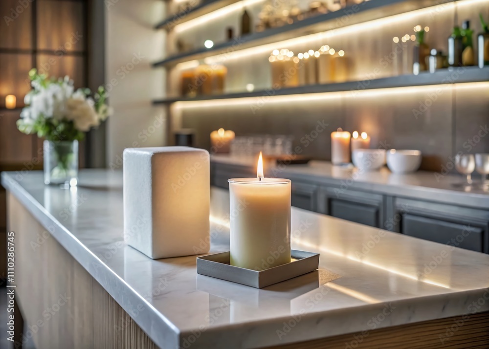 Fototapeta premium Decorative White Candle and Box in Neutral Tones on a Minimalist Bar Counter for Elegant Home Decor Inspiration