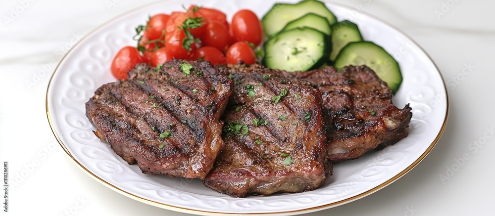 Grilled roast ribs garnished with fresh herbs served alongside cherry tomatoes and cucumber slices on an elegant white plate Grilled roast ribs garnished with fresh herbs served alongside cherry tomatoes and cucumber slices on an elegant white plate