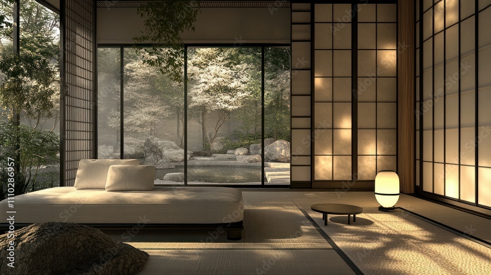 Japandi design featuring a minimalist sofa, black metal accents, and soft lighting for a tranquil vibe Japandi design featuring a minimalist sofa, black metal accents, and soft lighting for a tranquil vibe